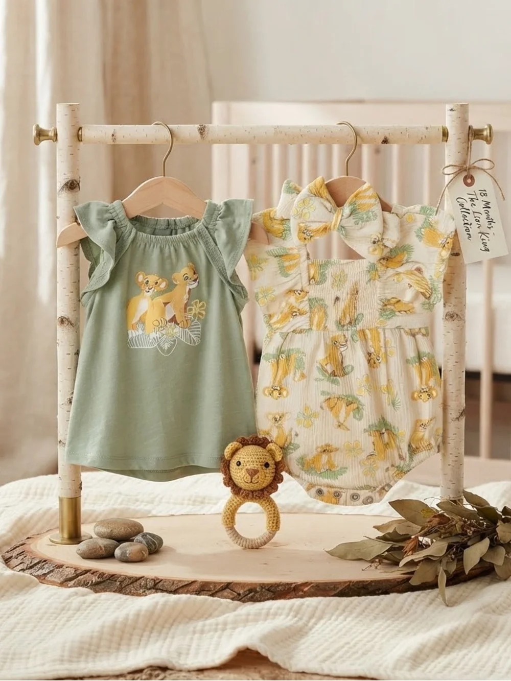 Disney Sage Green Lion Flutter Sleeve Top & Cream Lion Print Romper Set